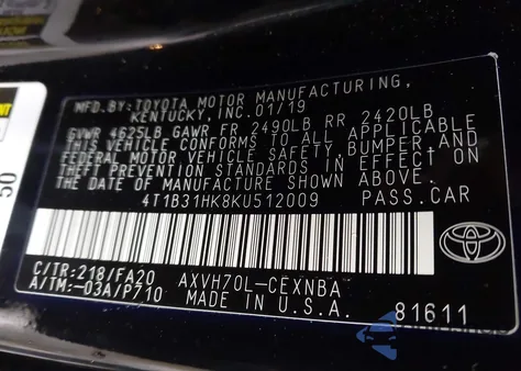 2019 Toyota Camry Hybrid Le z USA, uszkodzony, nr VIN 4T1B31HK8KU512009